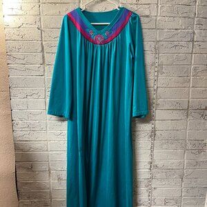 Vintage Teal Nightgown | Embroidered Yoke | Long Sleeve Lounge Dress | M/L